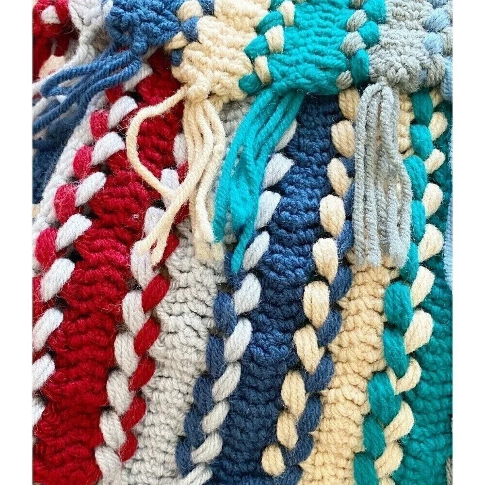 Handmade Blue Burgundy Striped Crochet Afghan Throw Fringe Roseanne Mission Sofa